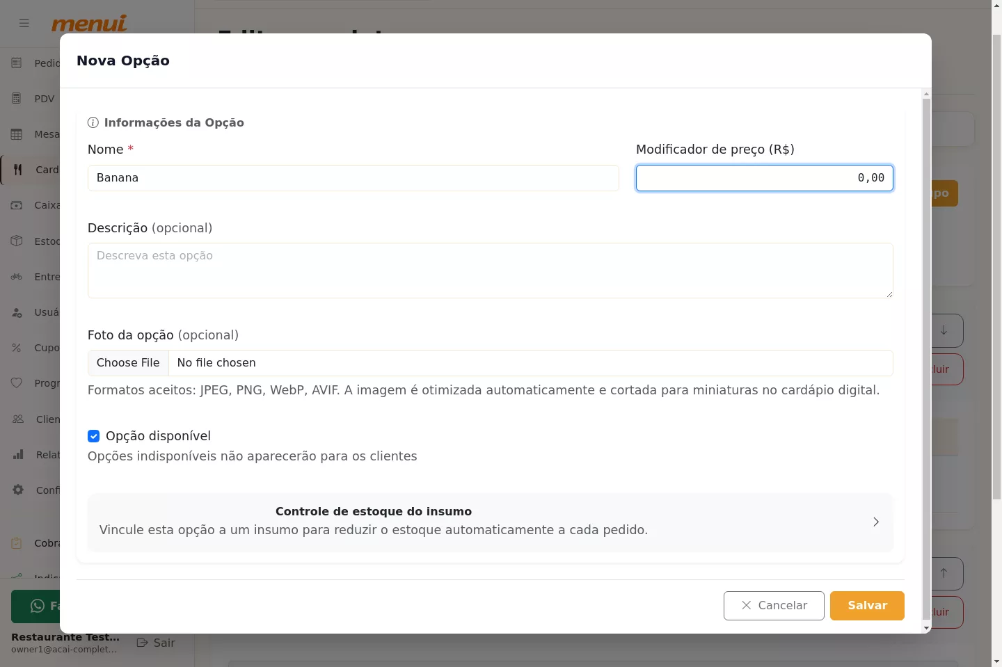 Cadastro da opção de complemento grátis do Açaí no Menui