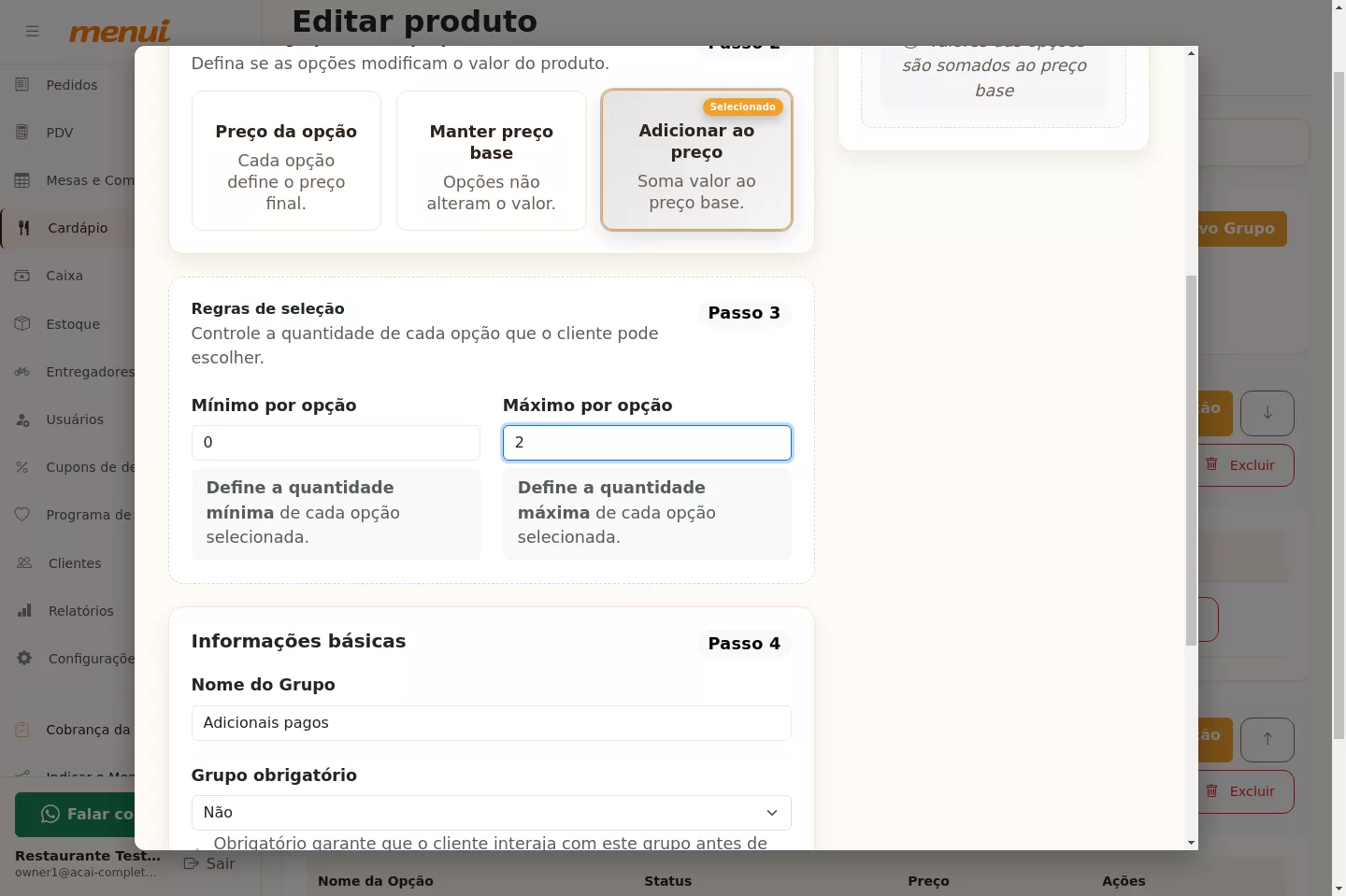 Configuração do grupo de adicionais pagos do Açaí no Menui