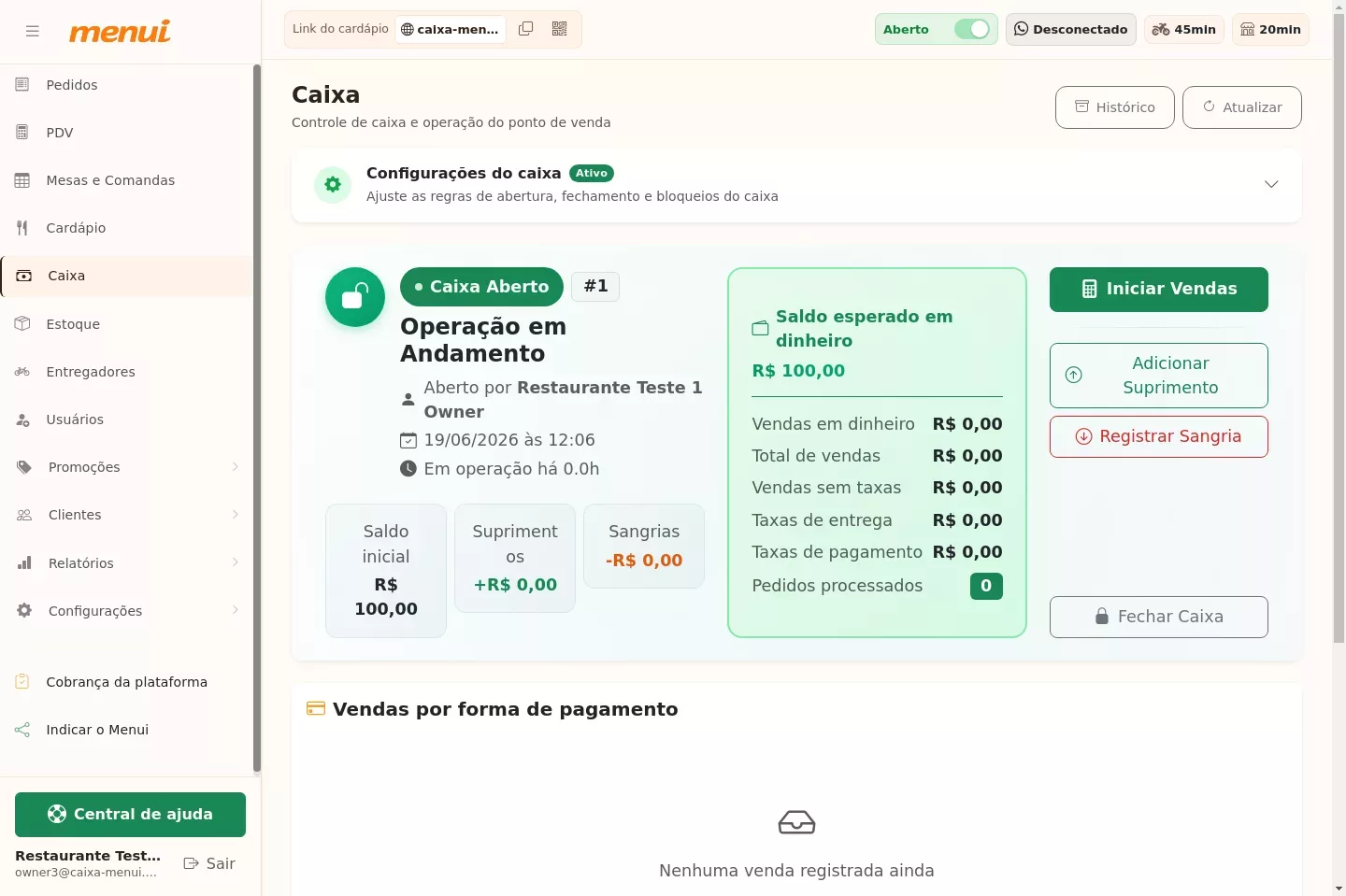Painel do caixa aberto no Menui