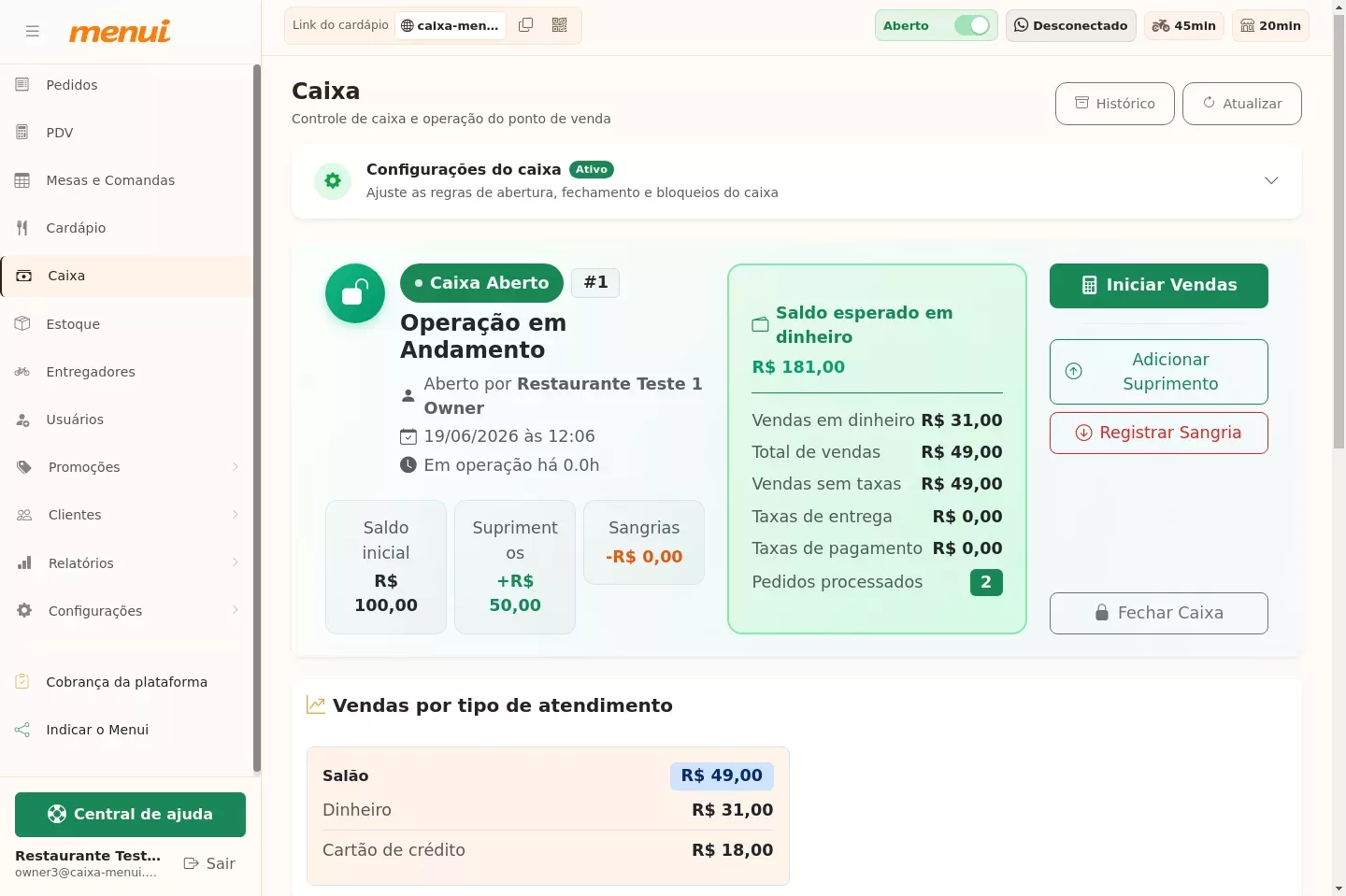 Resumo financeiro do caixa no Menui