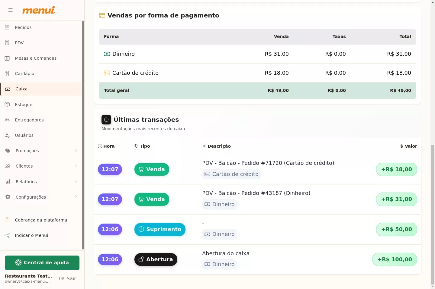 Últimas transações do caixa no Menui