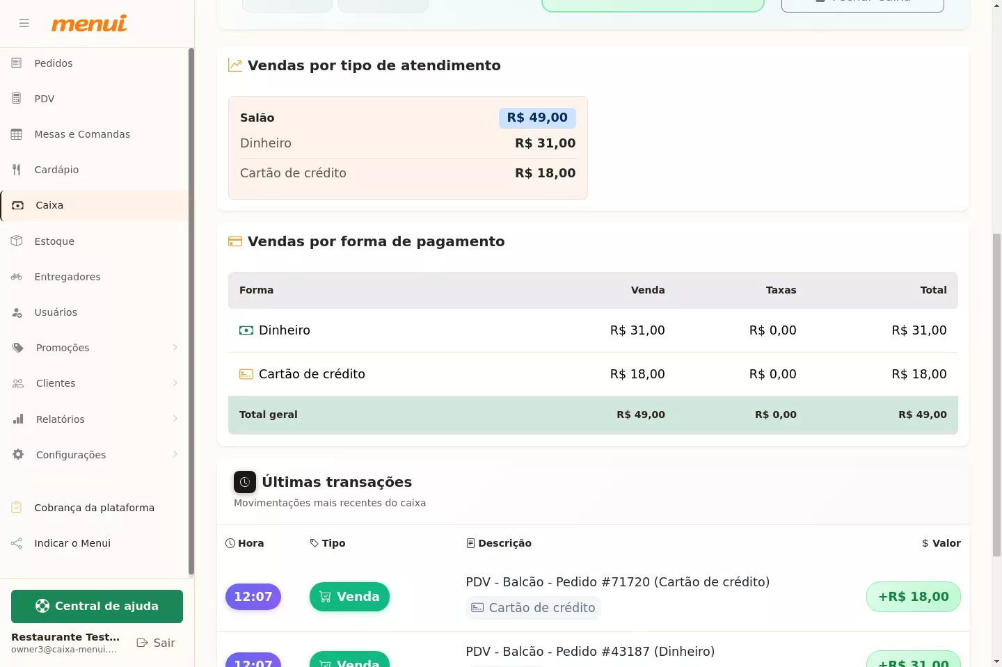 Vendas por forma de pagamento no caixa do Menui