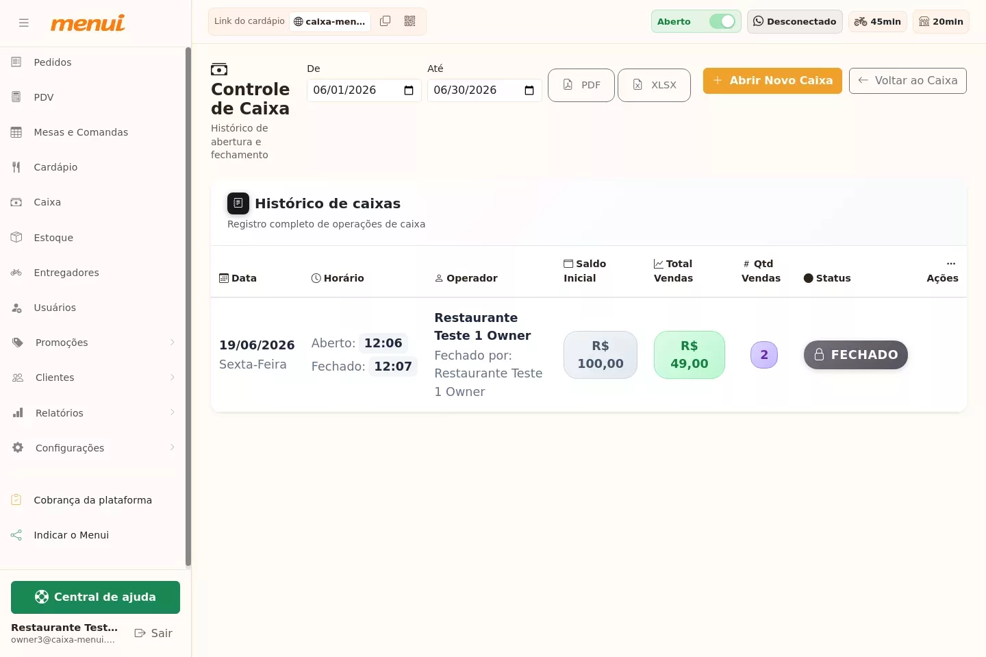 Histórico de caixas no Menui