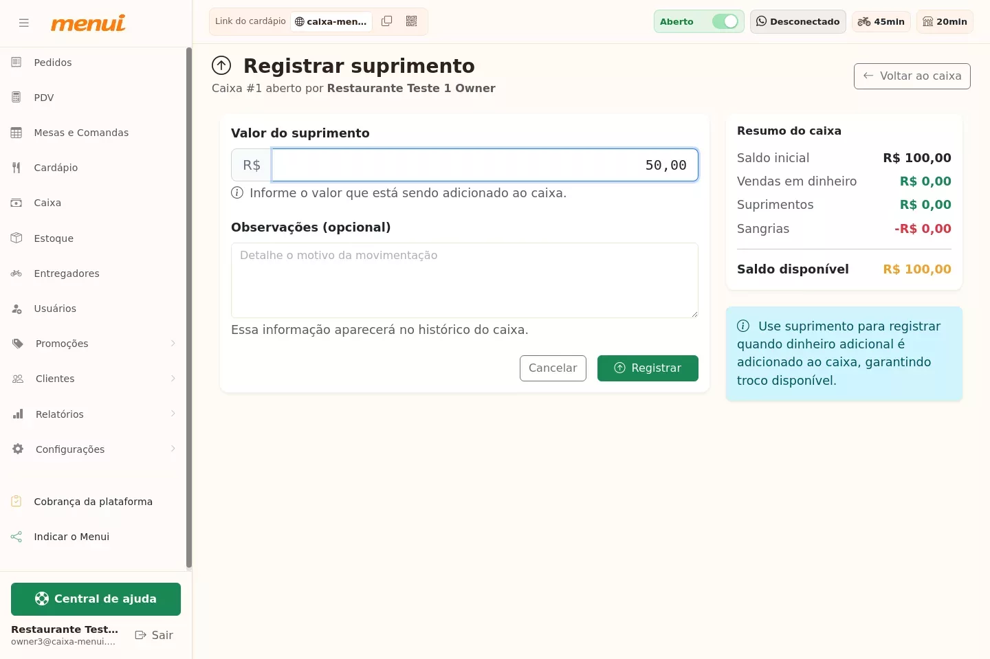 Registro de suprimento no caixa do Menui
