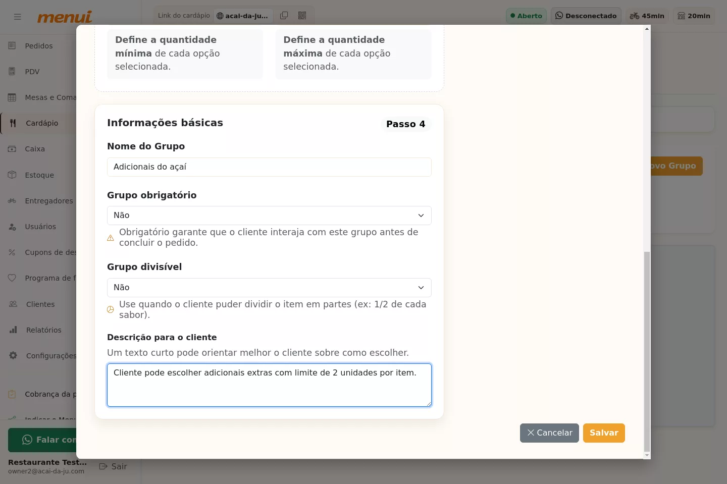 Final da configuração do grupo de adicionais do Açaí no Menui