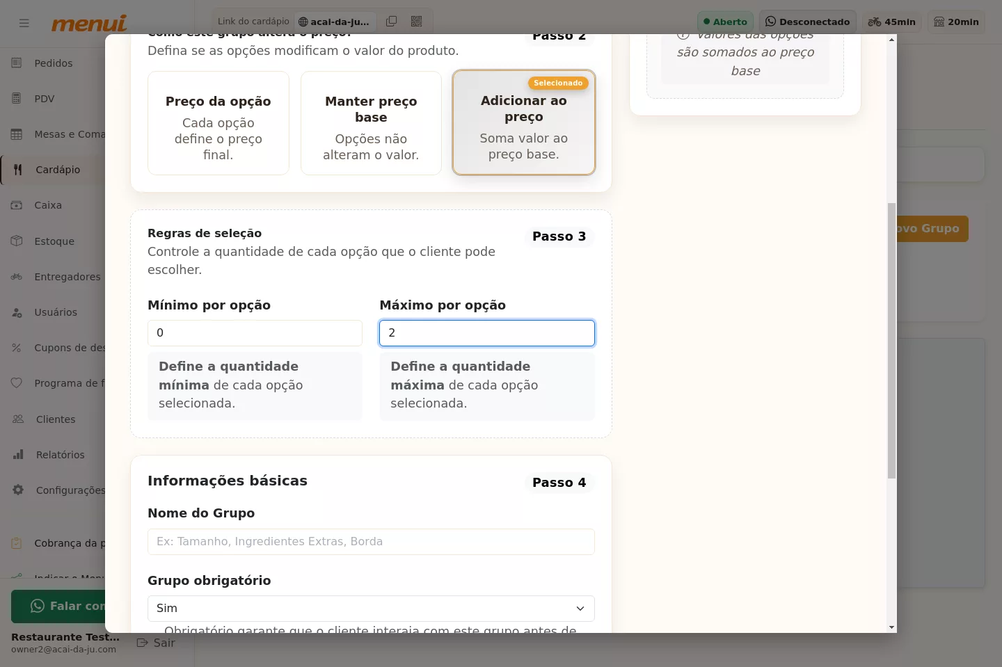 Regras de seleção do grupo de adicionais do Açaí no Menui