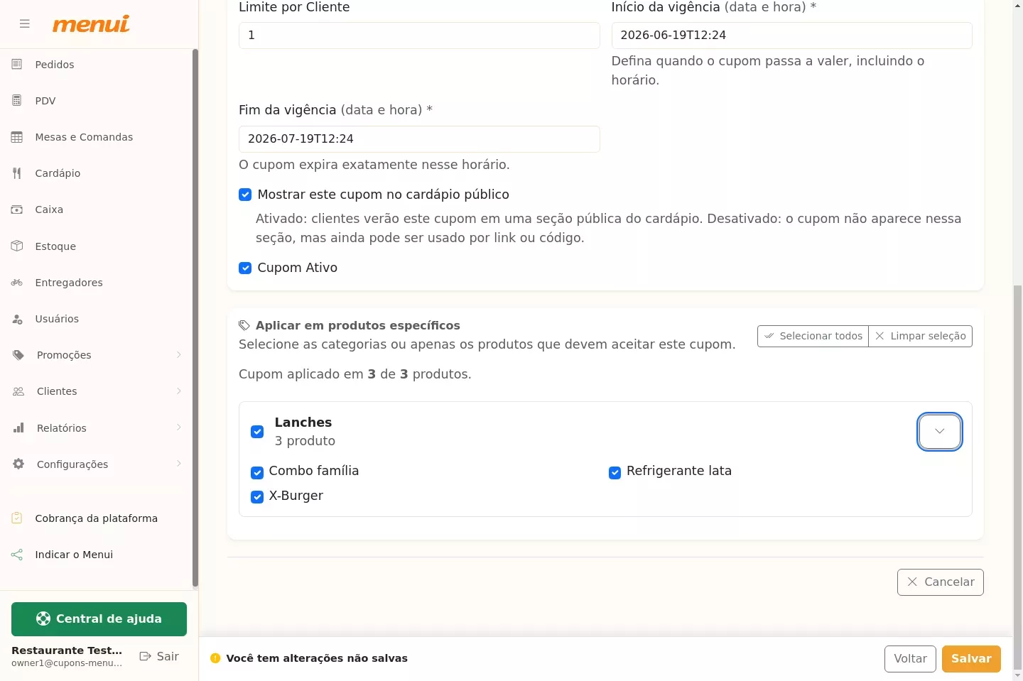 Seleção de produtos elegíveis ao cupom no Menui