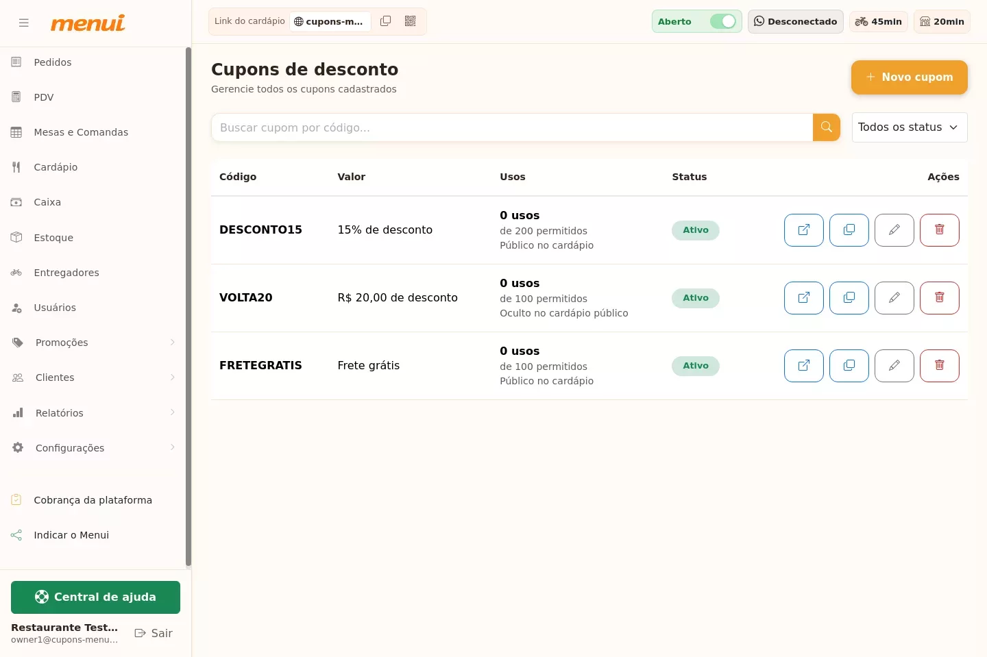 Lista de cupons de desconto no Menui