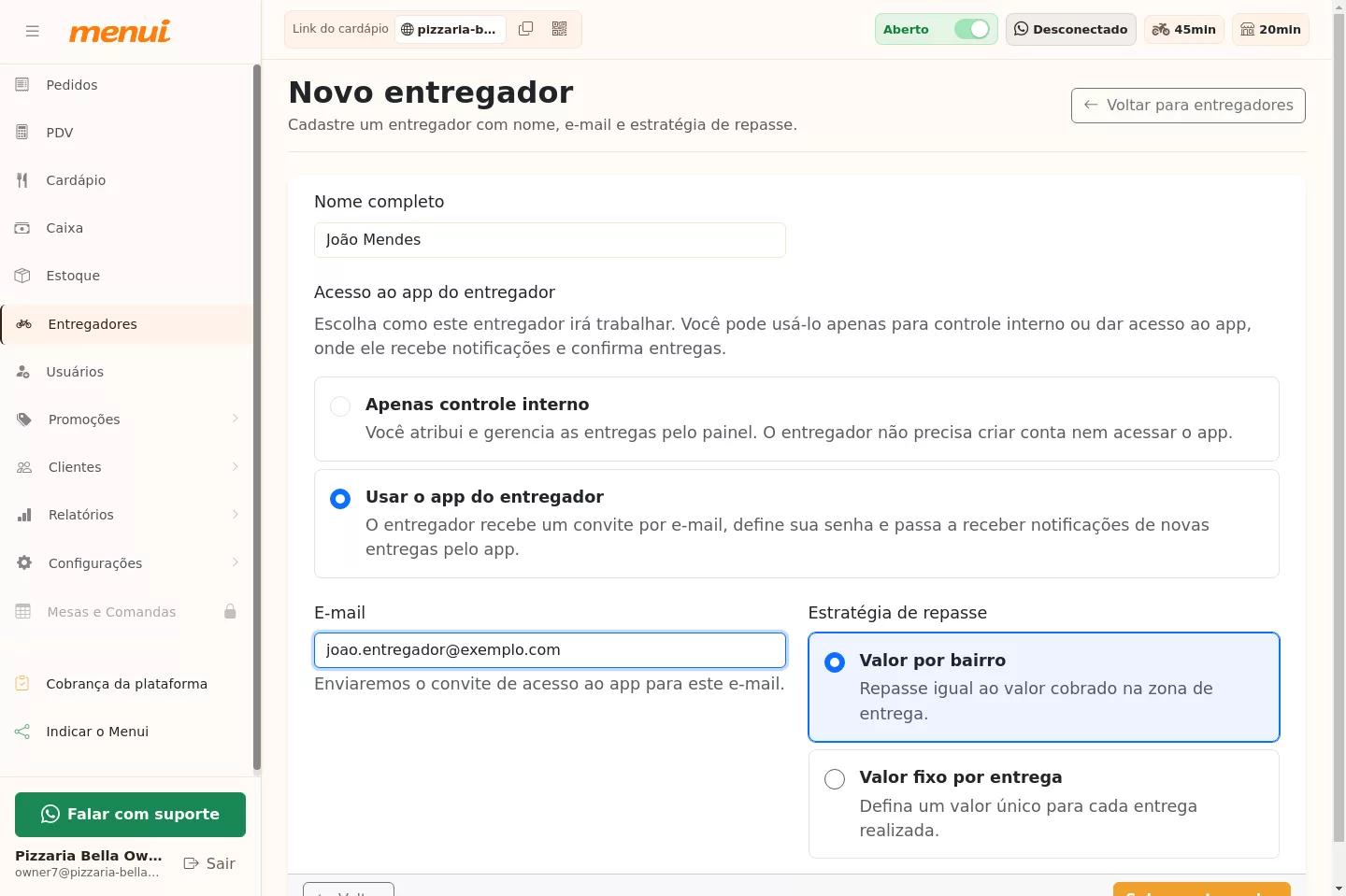Cadastro de um novo entregador