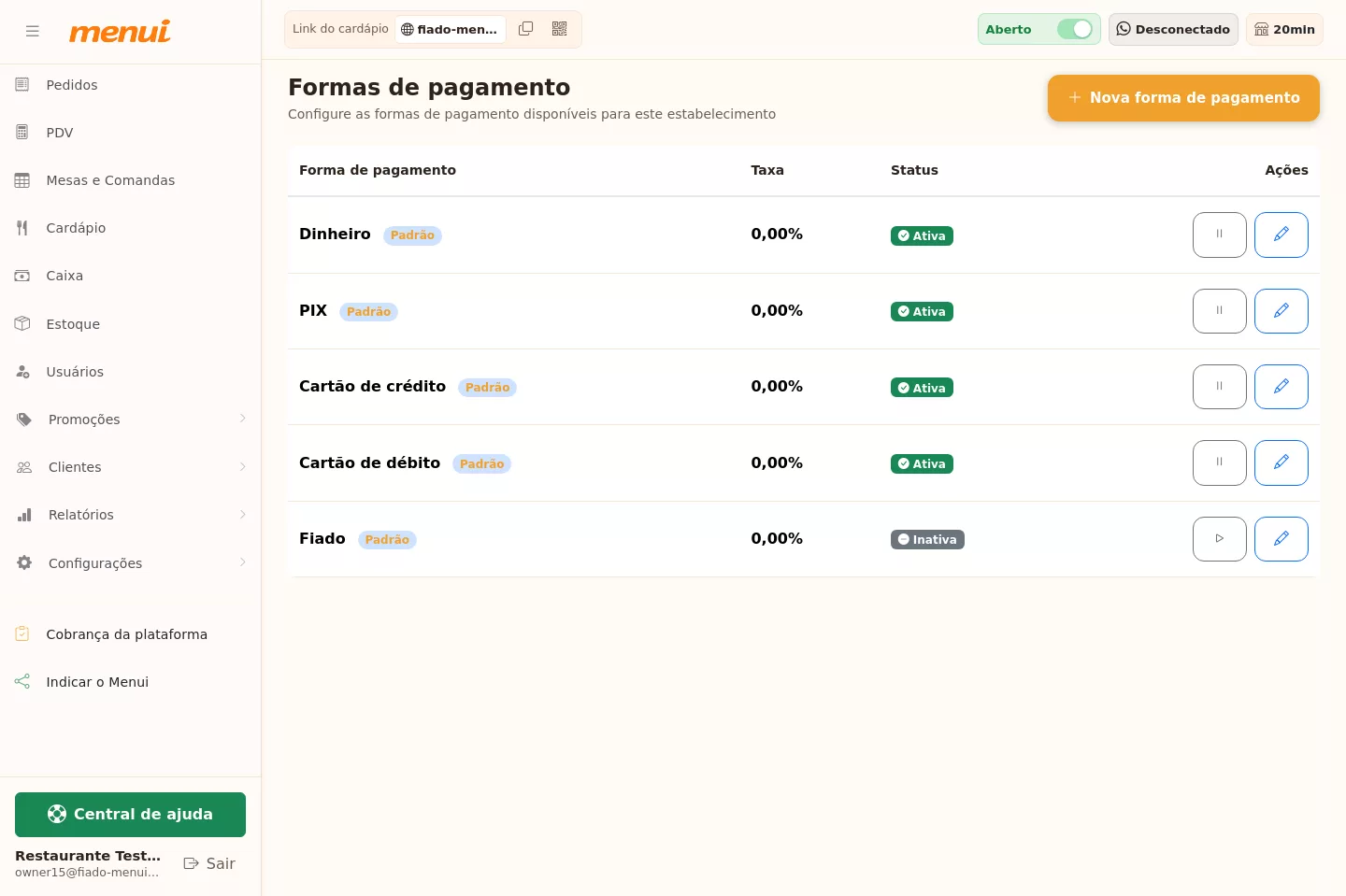 Ativação da forma de pagamento Fiado no Menui