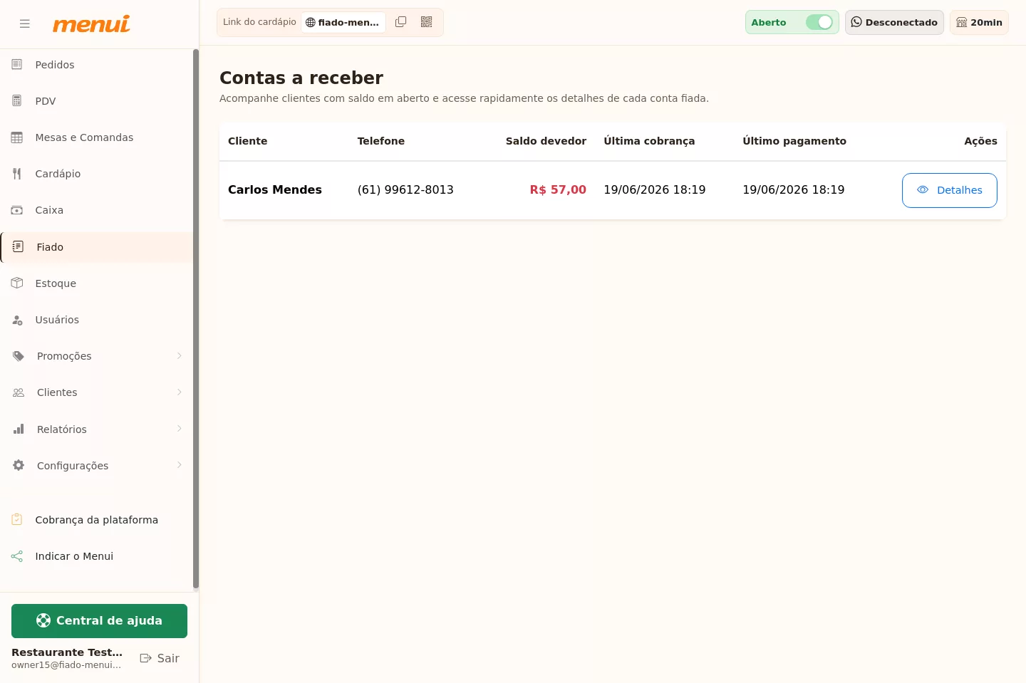 Lista de contas a receber do Fiado no Menui
