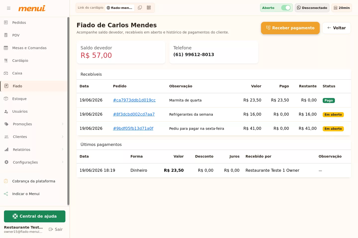 Detalhe da conta fiada de um cliente no Menui
