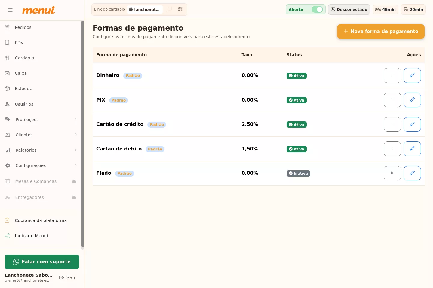 Lista de formas de pagamento