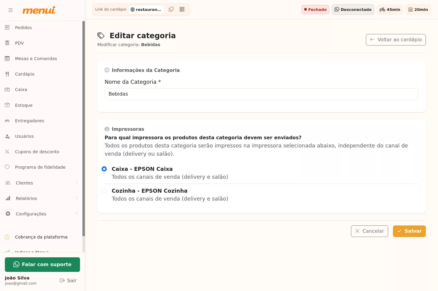 Configuração de impressora por categoria