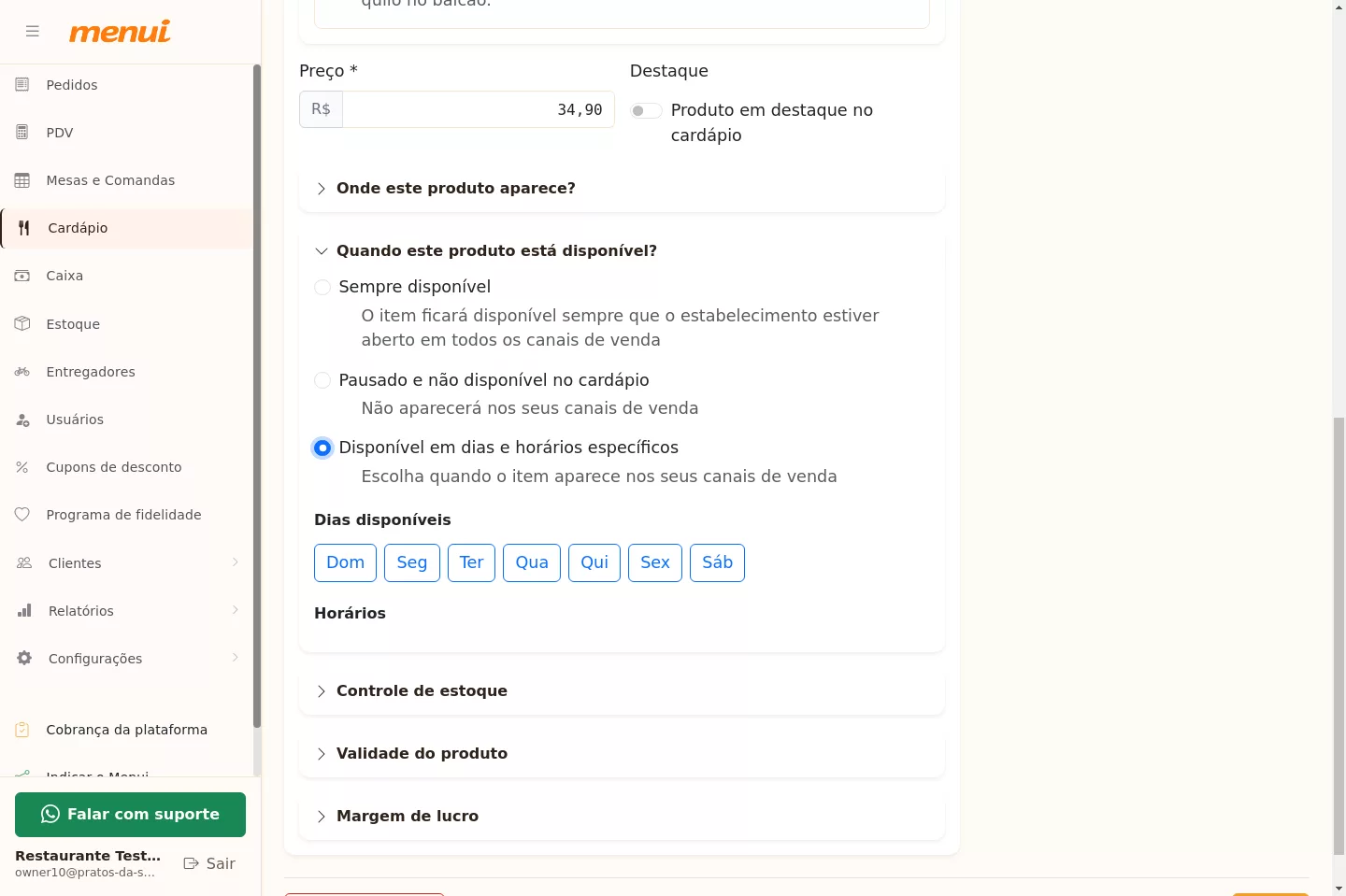 Seção de disponibilidade do produto no Menui