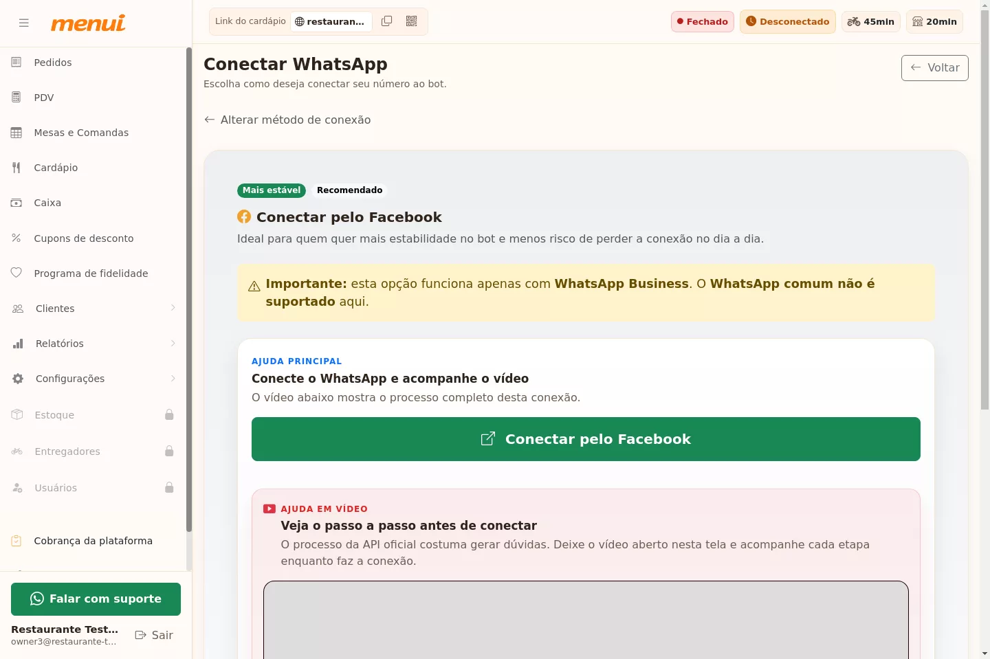 Conexão do WhatsApp pelo Facebook no Menui