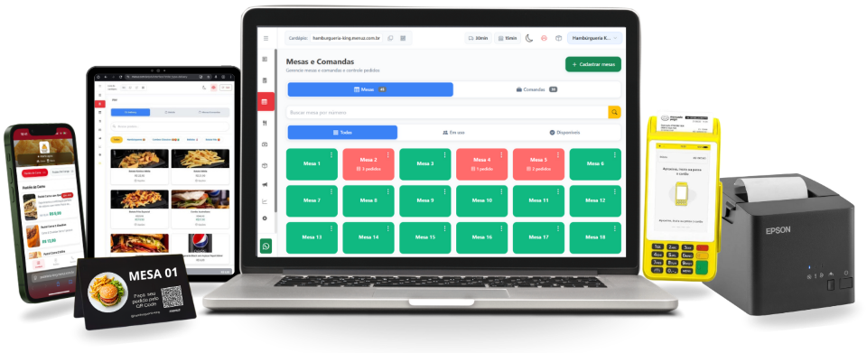 Sistema Menui de cardápio digital funcionando em computador, tablet e celular